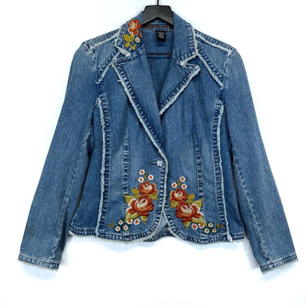 Vintage Y2K Kitkit Jeans Floral Embroidered Denim Jacket Medium M Boho Hippie